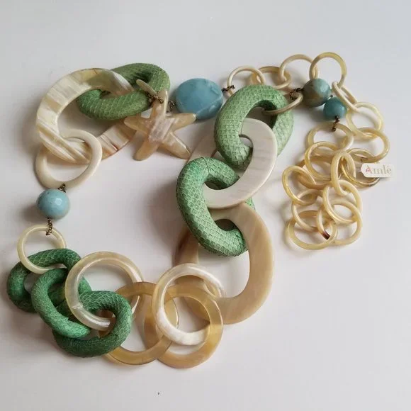 AMLE Italian Long Horn Green Chain Necklace with Python skin - Picture 16 of 16